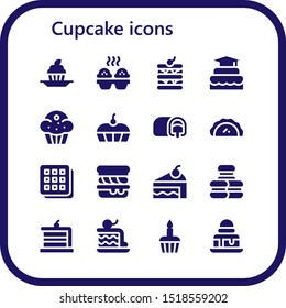 cupcake icon set. 16 filled cupcake icons.  Simple modern icons about  - Cupcake, Waffle, Cake, Muffin, Snack cake, Pastry, Scone, Macaron, Brownie