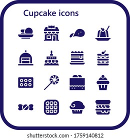 cupcake icon set. 16 filled cupcake icons.  Simple modern icons such as: Cakes, Candy shop, Snack, Jelly, Cake, Birthday cake, Tiramisu, Waffle, Cupcake, Sweet, Chocolate fudge