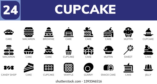 cupcake icon set. 24 filled cupcake icons.  Simple modern icons about  - Cake, Macaron, Brownie, Muffin, Cupcake, Sweet, Candy shop, Waffle, Gummy, Snack cake, Jelly