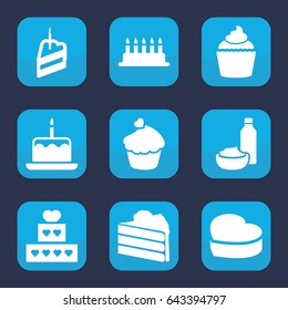 Cupcake icon. set of 9 filled cupcake icons such as cake with one candle, drink and food, muffin