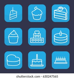 Cupcake icon. set of 9 outline cupcake icons such as cake with one candle, muffin