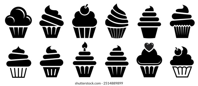 Ícone Cupcake definido. Coleção de ícones do bolo. Bolo, Doce, Comida, Gelado, Bolo, Gelado. Ilustração de vetor