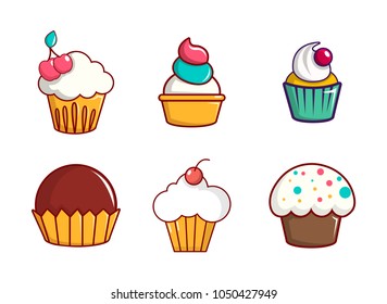 Cupcake icon set. Cartoon set of cupcake vector icons for web design isolated on white background
