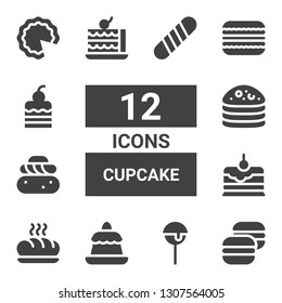cupcake icon set. Collection of 12 filled cupcake icons included Macaron, Cake pop, Pudding, Baguette, Cake, Semla
