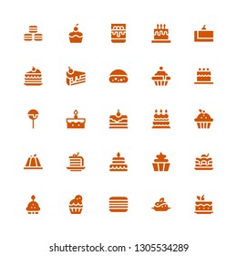 cupcake icon set. Collection of 25 filled cupcake icons included Cake, Pudding, Macaron, Cupcake, Brownie, Birthday cake, Cake pop, slice, Panna cotta, Macarons