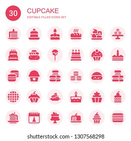 cupcake icon set. Collection of 30 filled cupcake icons included Cake slice, Pudding, Cake, Baguette, Waffle, Birthday cake, Semla, pop, Cupcake, Macaron, Macarons, Birthday