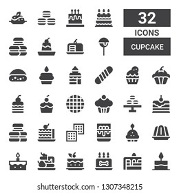 cupcake icon set. Collection of 32 filled cupcake icons included Cake, Birthday cake, Waffle, Jelly, Cupcake, Panna cotta, Macarons, Macaron, Baguette, Bakery shop, Cake pop, Pudding