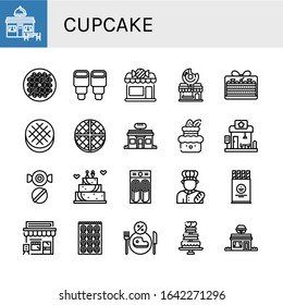cupcake icon set. Collection of Restaurant, Bean toasting, Pastry, Candy shop, Donut shop, Cake, Round bread, Wafer, Bakery, Candy, Wedding cake, Pancake, Baker, Cafe, Bagel icons