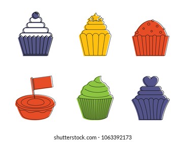 Cupcake icon set. Color outline set of cupcake vector icons for web design isolated on white background