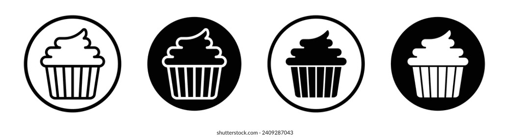 Cupcake icon set. Dessert vanilla cake and brownie cup vector symbol in a black filled and outlined style. Flat cream pastry treat cup sign.