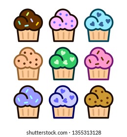 cupcake icon set. Flat illustration of sweet muffin. birthday cake