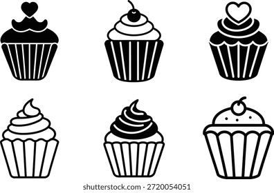 Cupcake Icon Set con corazón y Cherry Toppings Silueta