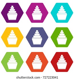 Cupcake icon set many color hexahedron isolated on white vector illustration