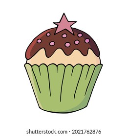 Cupcake icon with star, muffin in hand draw style. Vector illustration for your design. Sweet pastries, cute muffin. Sign, icon