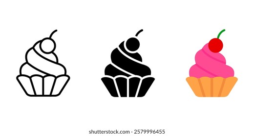 Cupcake icon. Sweet dessert with cherry sign. Pastry with whipped frosting symbol. Tasty bakery snack pictogram. Homemade treat illustration.