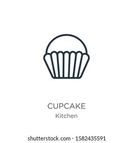 Cupcake icon. Thin linear cupcake outline icon isolated on white background from kitchen collection. Line vector sign, symbol for web and mobile