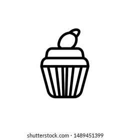 Cupcake Icon Vector Design Emblem Isolated Illustration , Template Logo Design Simple Food Business Bakery , Holiday Party Birthday . Outline Solid Background White
