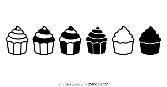 cupcake icon vector design simple outline and black filled color illustration collections sets