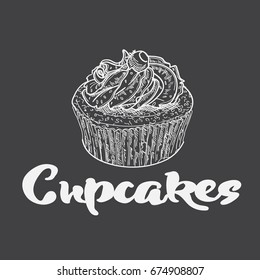 cupcake icon and vector graphic illustration with tasty delicious cream, berries and chocolate.