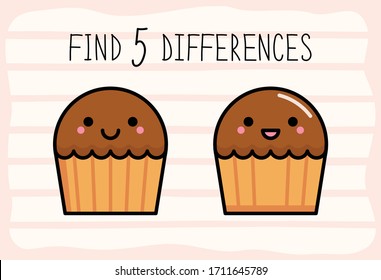  Icono de pastel. Imagen vectorial de un lindo muffin de chocolate. Juego para niños, encuentra cinco diferencias