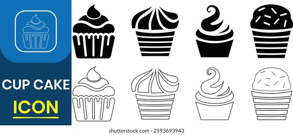 Cupcake icon vector symbol. Cupcake icon set. Cupcake, sweet, food, frosting, cake, frosting, sweet pastries, muffin. Vector Illustration.