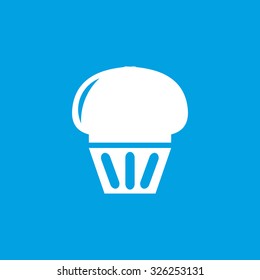 Cupcake icon, white simple image isolated on blue background