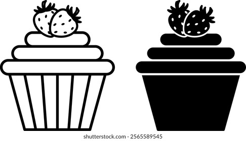 Cupcake Icons. Black and White Vector Illustrations. Edible Sweet Cookies Decorated With Strawberries. Tasty Food. Fast Food Concep