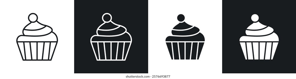 Cupcake icons collection in black and white solid and line style