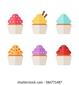 Cupcake icons isolated on white background. Muffin icons collection. Sweet tasty food. Flat vector illustration design. 