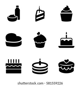 cupcake icons set. Set of 9 cupcake filled icons such as cake with one candle, drink and food, muffin, heart cake