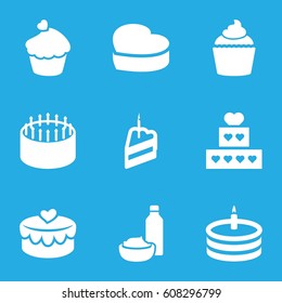 Cupcake icons set. set of 9 cupcake filled icons such as cake, drink and food, muffin, heart cake, heart lock