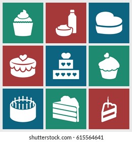 Cupcake icons set. set of 9 cupcake filled icons such as cake, drink and food, muffin, heart cake, heart lock