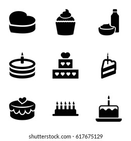 Cupcake icons set. set of 9 cupcake filled icons such as cake with one candle, drink and food, muffin, heart cake
