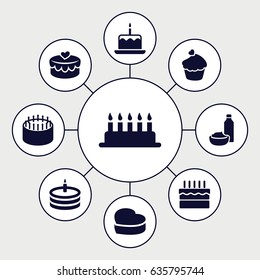 Cupcake icons set. set of 9 cupcake filled icons such as cake with one candle, cake, drink and food, heart cake, muffin