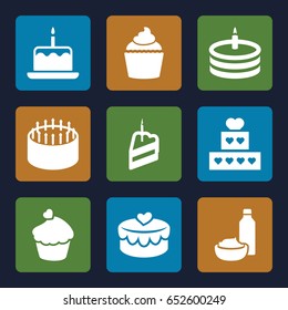 Cupcake icons set. set of 9 cupcake filled icons such as cake with one candle, cake, drink and food, muffin, heart lock