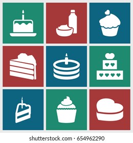 Cupcake icons set. set of 9 cupcake filled icons such as cake with one candle, drink and food, muffin