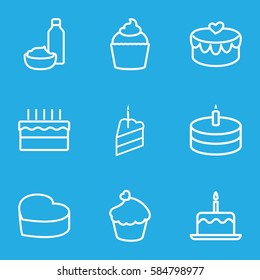 cupcake icons set. Set of 9 cupcake outline icons such as cake with one candle, drink and food, muffin, heart cake
