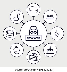Cupcake icons set. set of 9 cupcake outline icons such as cake with one candle, drink and food, heart cake
