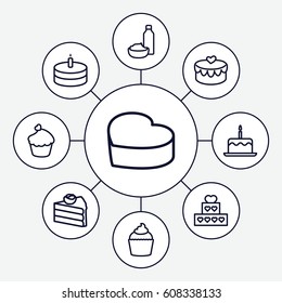 Cupcake icons set. set of 9 cupcake outline icons such as cake with one candle, drink and food, muffin, heart cake, heart lock