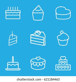 Cupcake icons set. set of 9 cupcake outline icons such as cake with one candle, muffin, heart cake