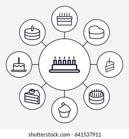 Cupcake icons set. set of 9 cupcake outline icons such as cake with one candle, heart cake