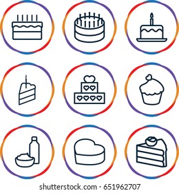 Cupcake icons set. set of 9 cupcake outline icons such as cake with one candle, drink and food, heart cake