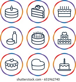 Cupcake icons set. set of 9 cupcake outline icons such as cake with one candle, drink and food, heart cake, heart lock