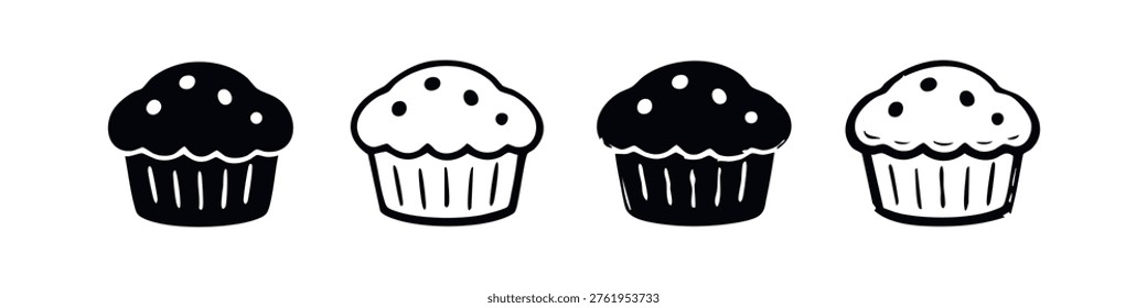 Cupcake Icons Set. Collection of sweet cupcakes in different design styles. Vector illustration.