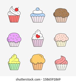 Cupcake Icons set - Vector color symbols of sweet, dessert, muffin, cake and snack for the site or interface