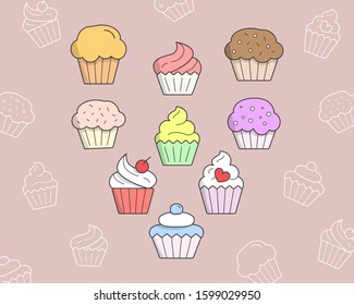 Cupcake Icons set - Vector color symbols and outline of sweet, dessert, muffin, cake and snack for the site or interface
