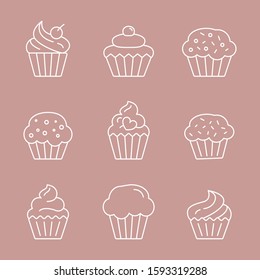 Cupcake Icons set - Vector outline symbols of sweet, dessert, muffin, cake and snack for the site or interface