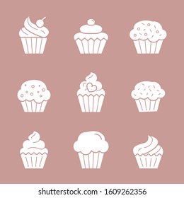 Cupcake Icons set - Vector solid silhouettes of sweet, dessert, muffin, cake and snack for the site or interface