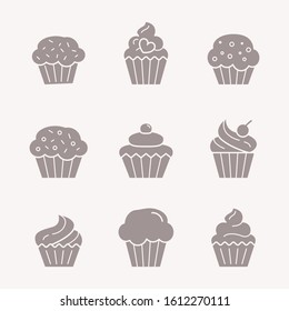 Cupcake Icons set - Vector solid silhouettes of sweet, dessert, muffin, cake and snack for the site or interface