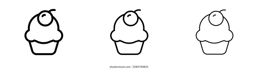 Cupcake icons in three different stroke lines